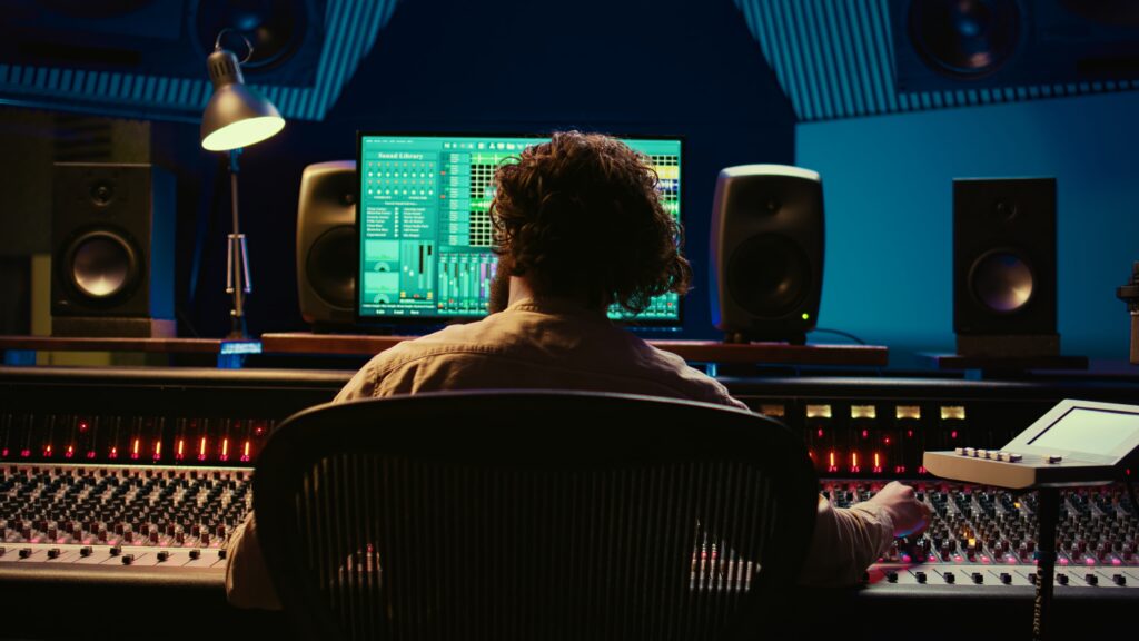 Mastering en ligne - Ingénieur du son dans un studio professionnel, en pleine session de mixage sur une console audio.  